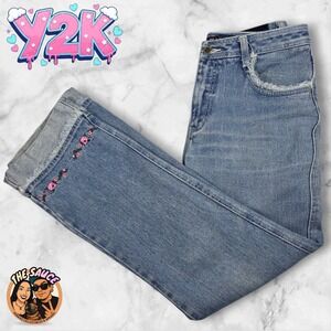 Y2K Vintage Jeans Embroidered Flower Trim Frayed Hem Denim Size 10 2000s Retro
